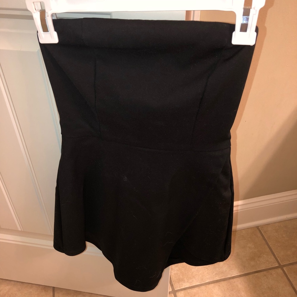 Black strapless envelope skirt romper